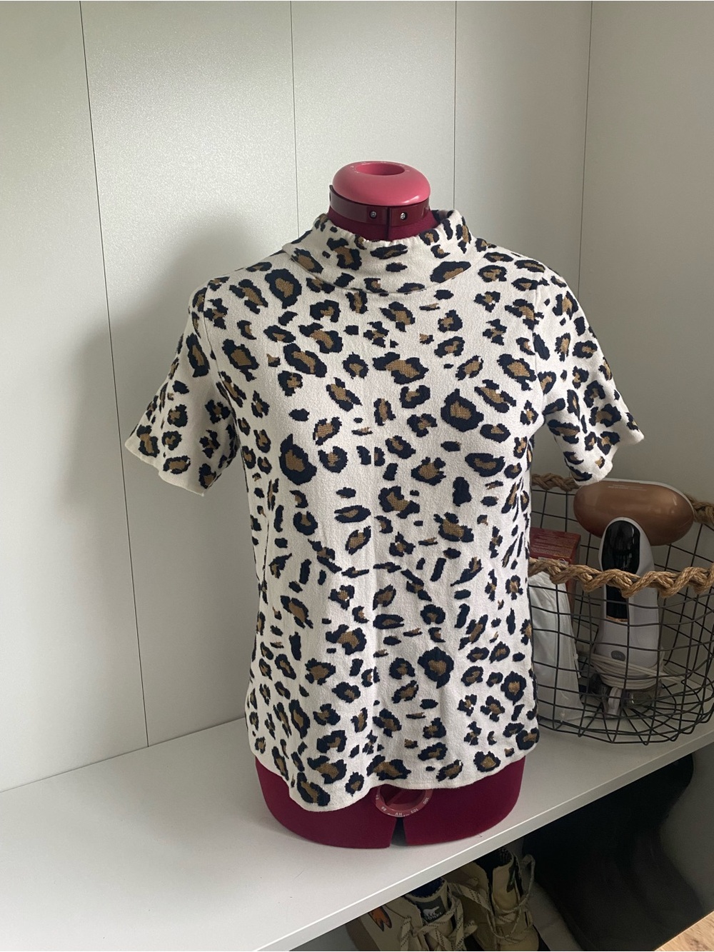 Anthropologie Field Flower Short Sleeve Mock Neck Leopard Print Knit Top